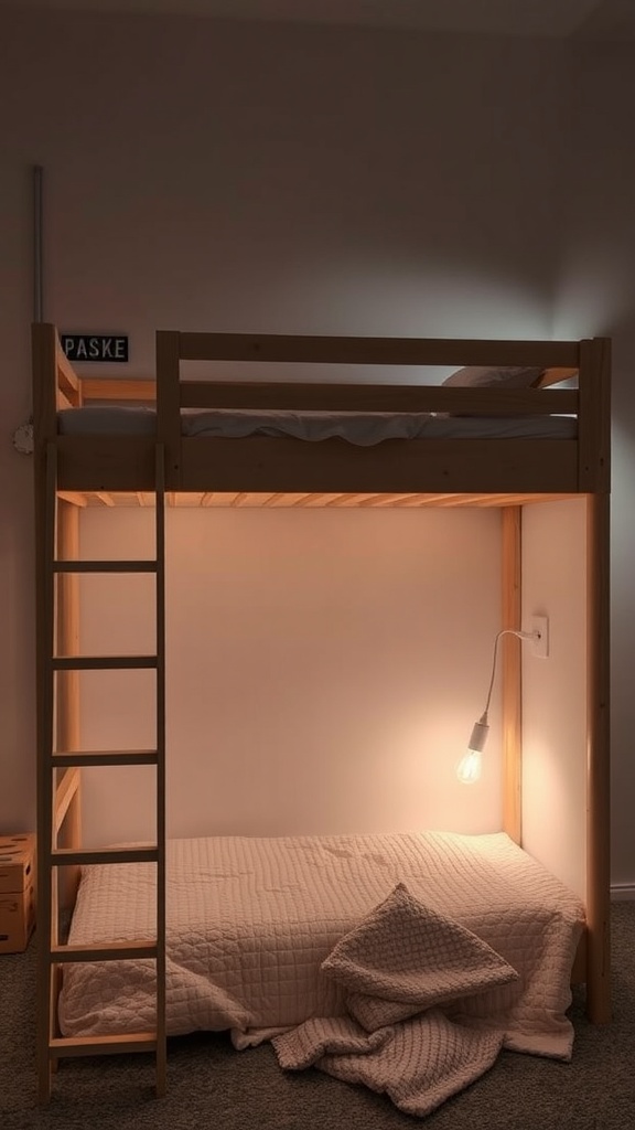 Loft bed with underbed lighting and cozy bedding