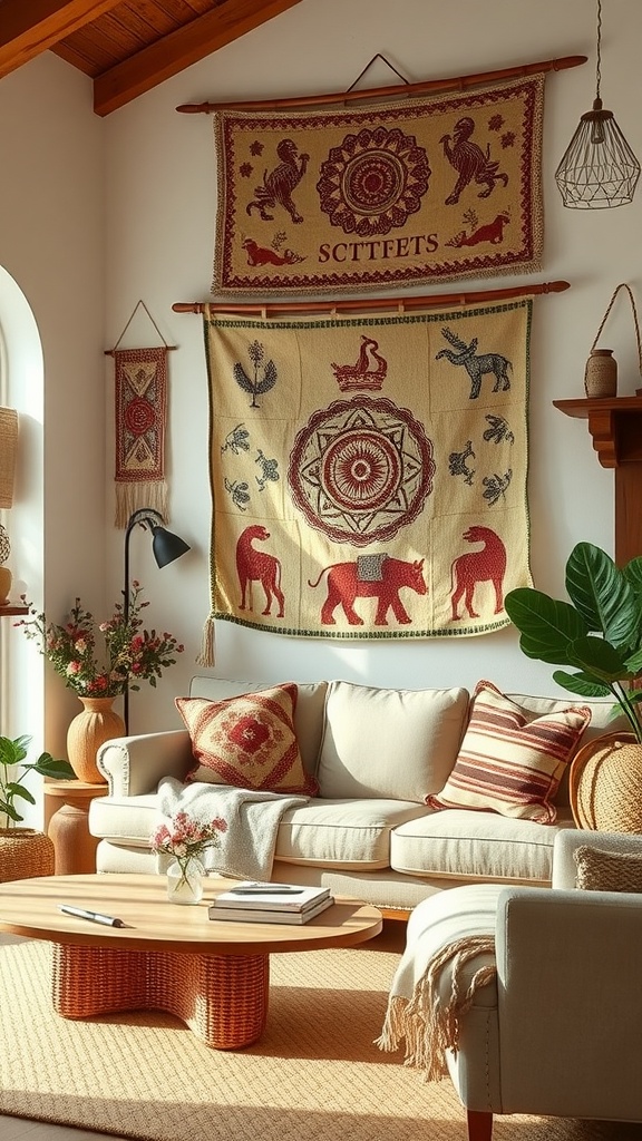 A cozy living room featuring loomed wall hangings with animal motifs, a comfortable sofa, and a wooden coffee table.