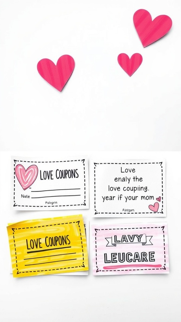 Colorful love coupons with hearts and playful designs for a Mother's Day craft.