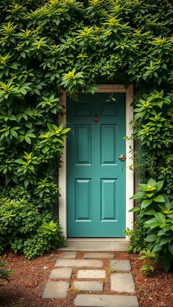 A turquoise garden door surrounded by lush green plants and a stone pathway.