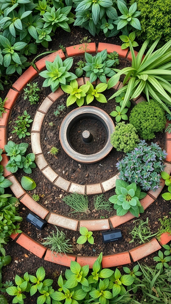 An aerial view of a lush herb spiral garden design with various plants and terracotta bricks.