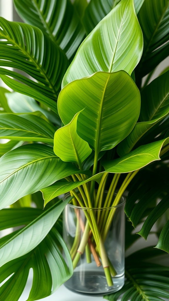 A lush arrangement of tropical leaves in a clear glass vase.