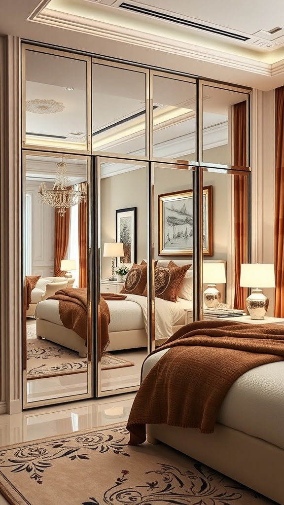 A beautifully designed bedroom with a luxe mirrored wardrobe reflecting warm tones and elegant decor.