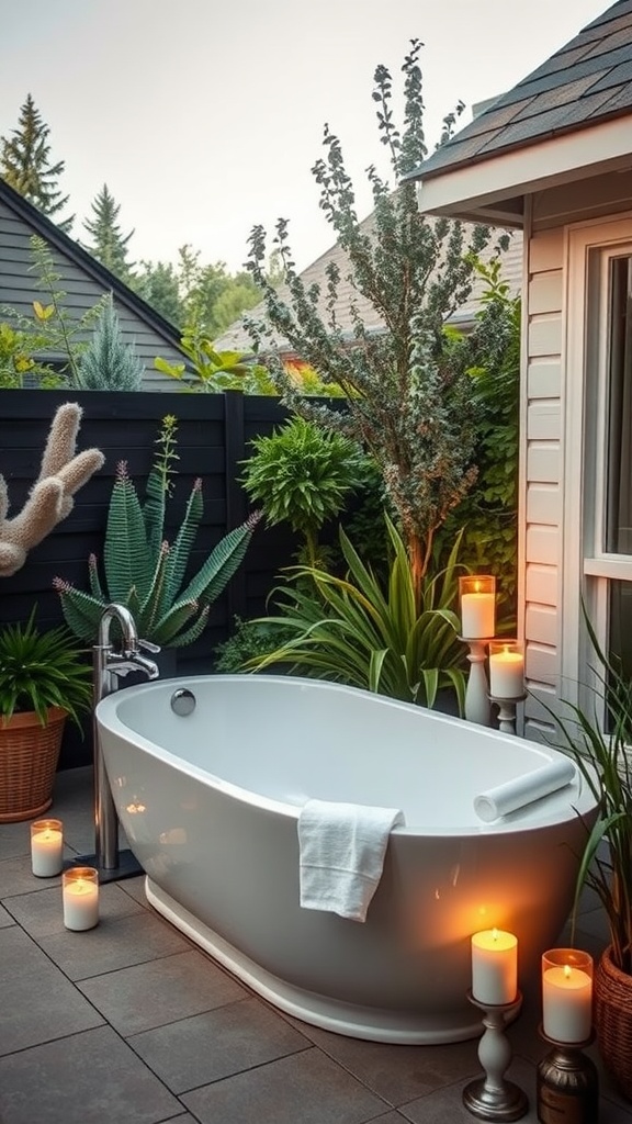 A luxurious outdoor bathroom featuring a freestanding bathtub surrounded by plants and candles.