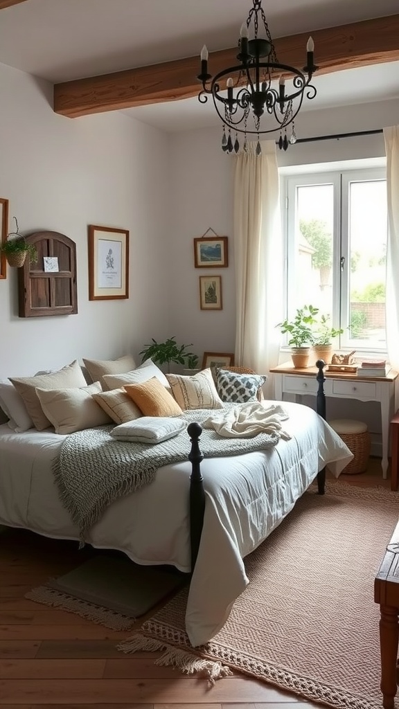 Cozy French cottage bedroom with layered textiles and natural decor