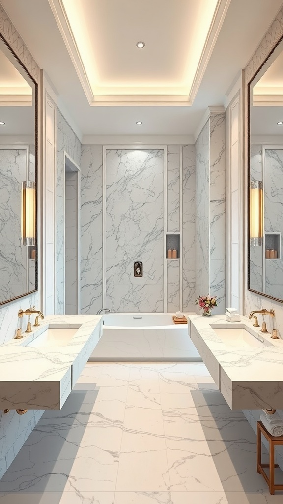 Luxurious ensuite bathroom with marble finishes, double sinks, and modern fixtures.