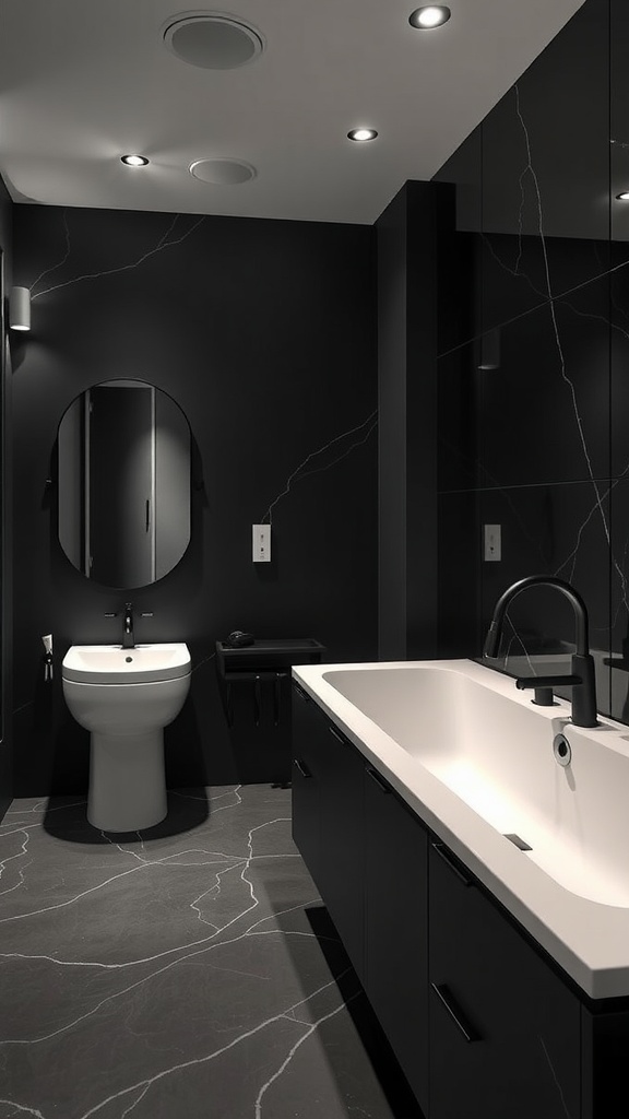 A luxurious bathroom featuring matte black fixtures, a white bathtub, and a modern design.