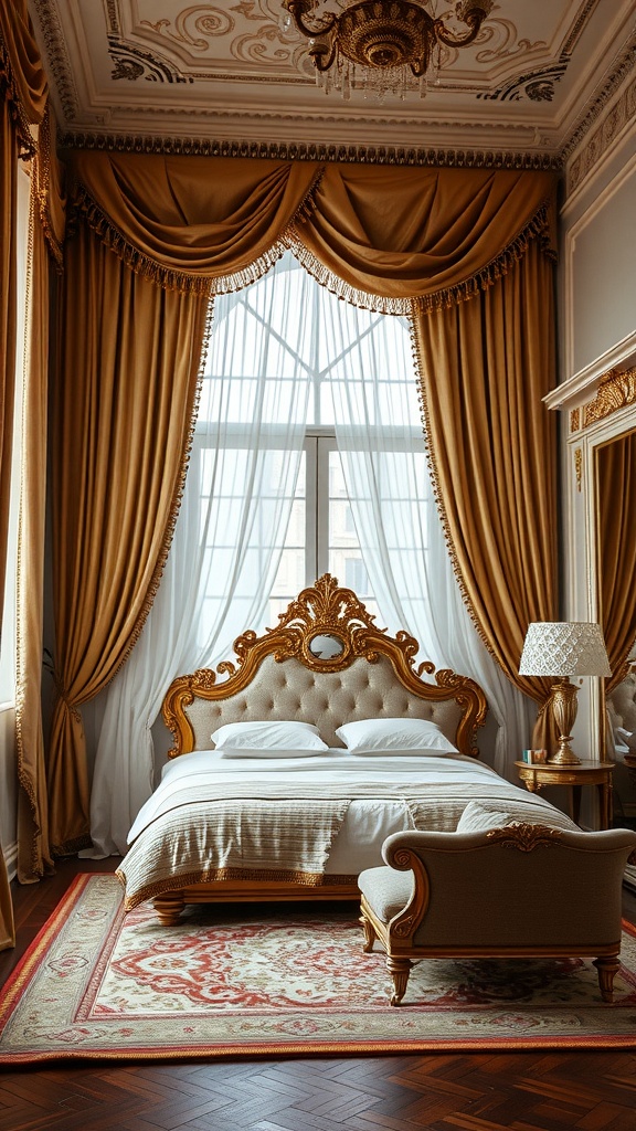 Luxurious French style bedroom with golden curtains, ornate bed, and elegant decor