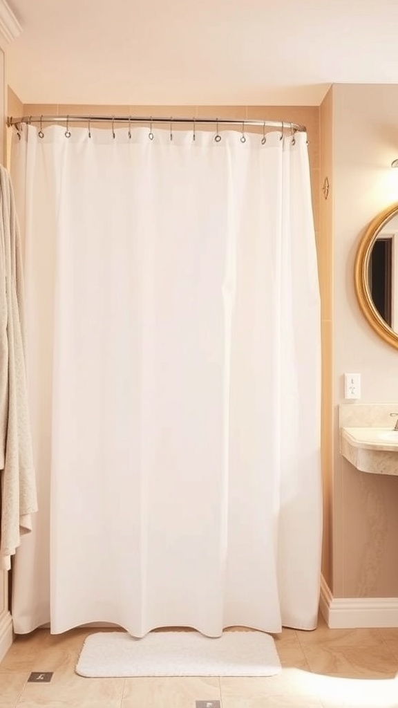 A cozy bathroom with a white shower curtain, featuring a soft rug and warm lighting.