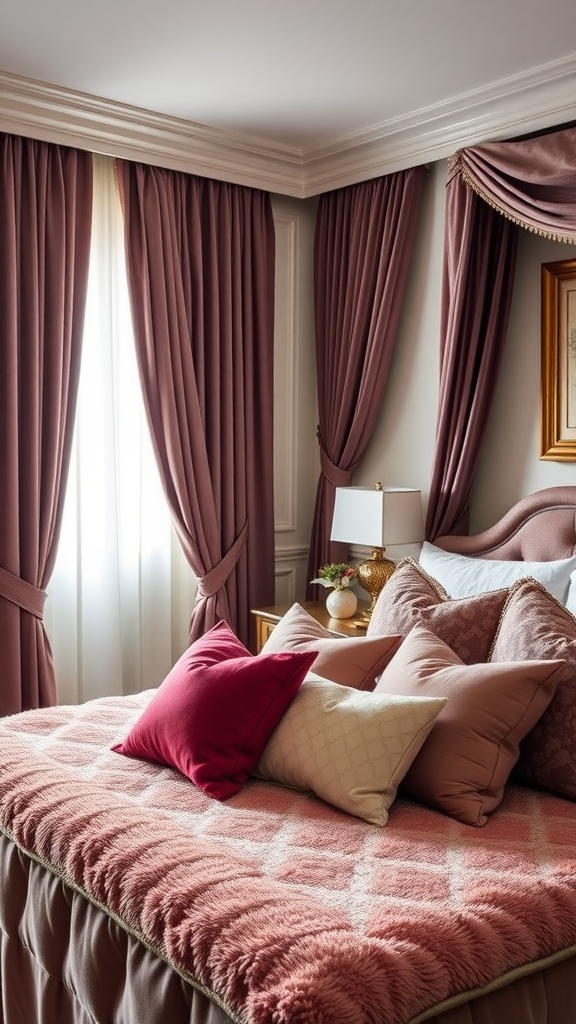 Elegant bedroom with luxurious textiles, featuring a plush bed with decorative pillows and rich curtains.