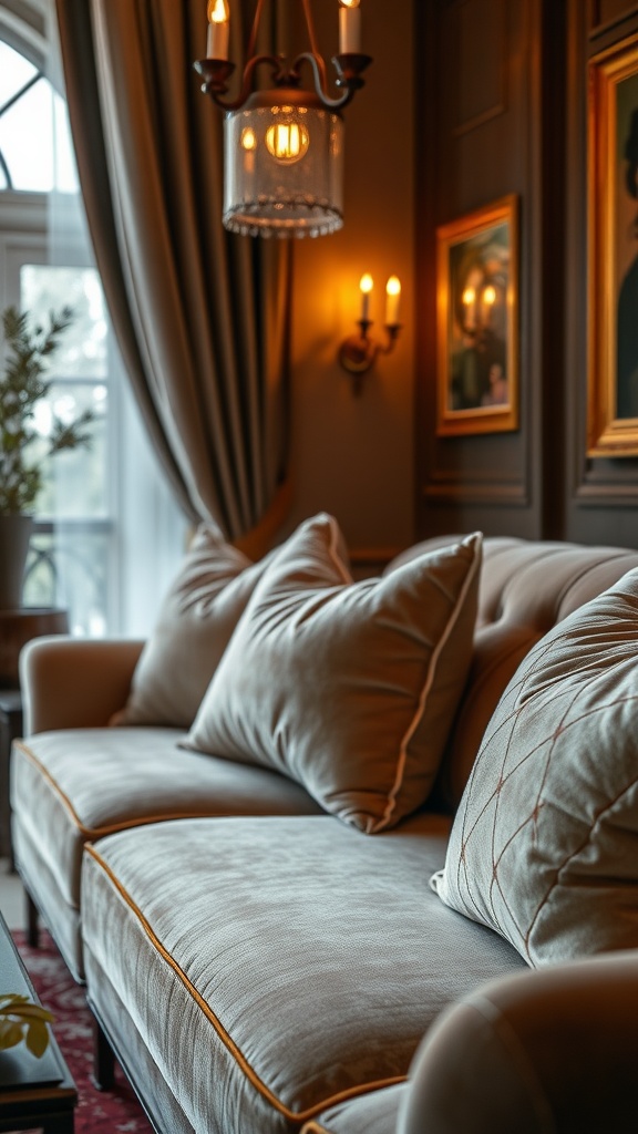 A luxurious living room featuring a plush sofa with decorative cushions, elegant lighting, and rich curtains.