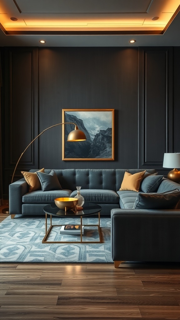 A stylish living room featuring a dark gray couch with gold accents, elegant decor, and warm lighting.