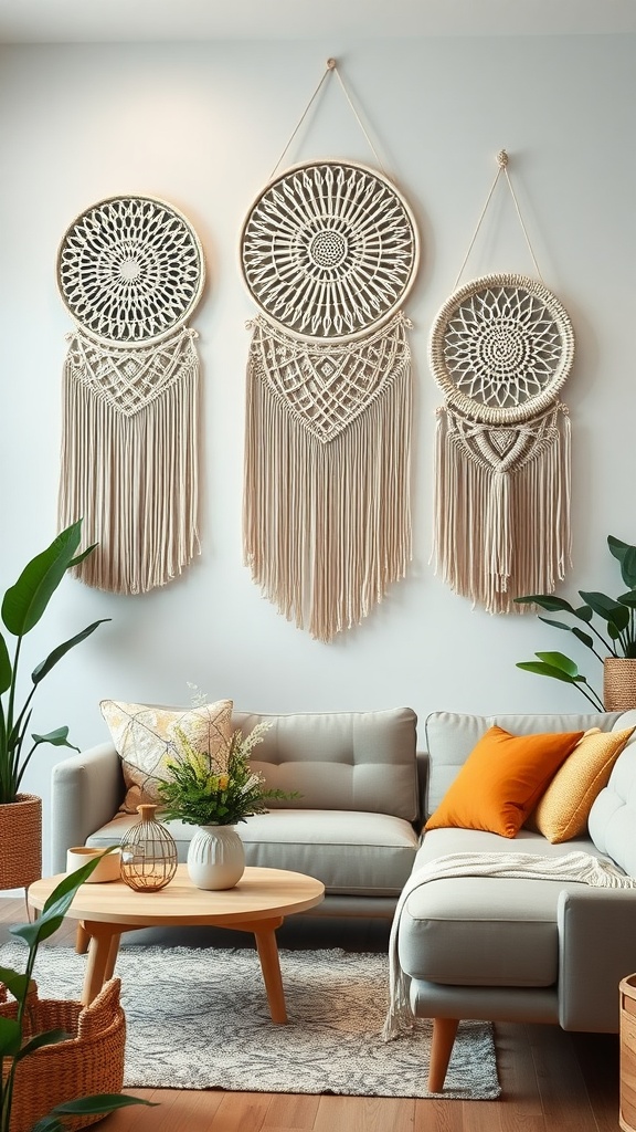 Three macrame wall hangings with intricate designs on a light wall above a cozy living room with plants and colorful cushions.