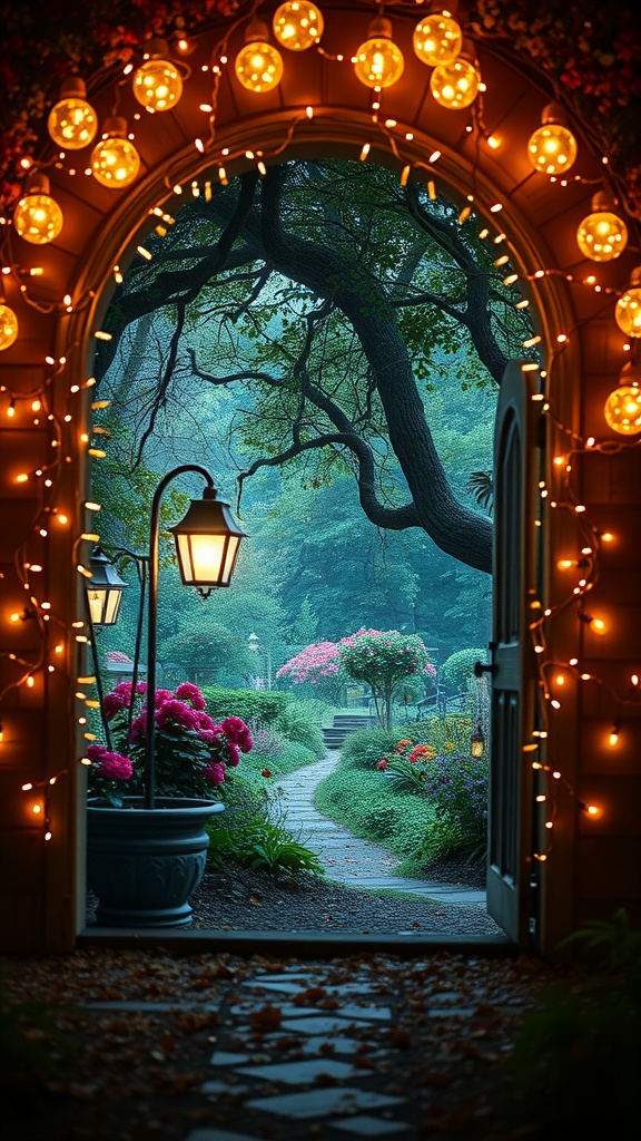 A beautifully lit garden entrance with flowers and a winding path