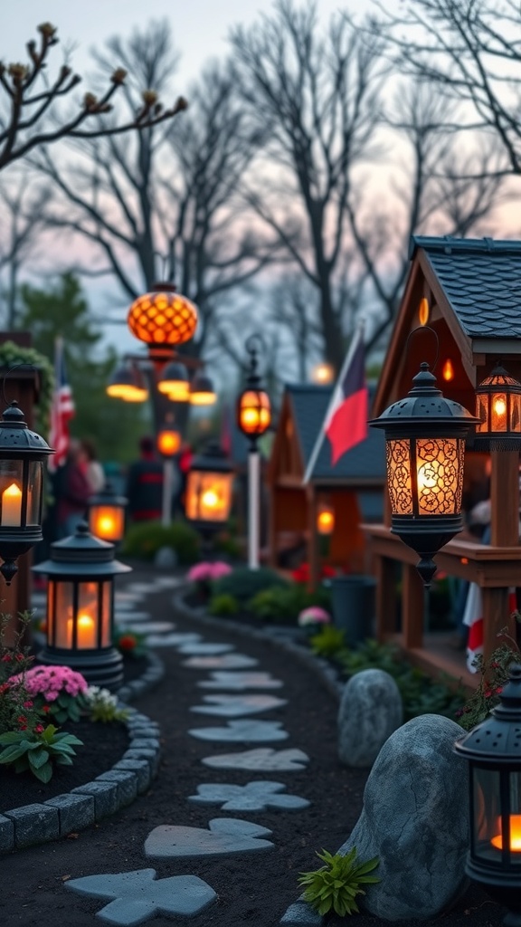 A whimsical garden path illuminated by decorative lanterns, surrounded by flowers and stones.