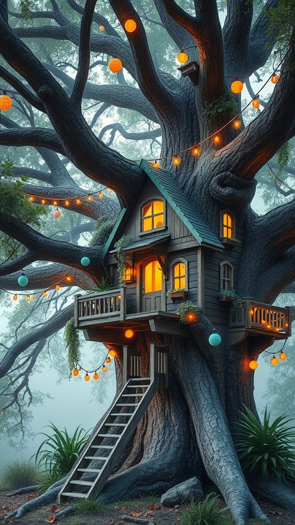 A whimsical treehouse beautifully illuminated with lanterns, surrounded by lush greenery.