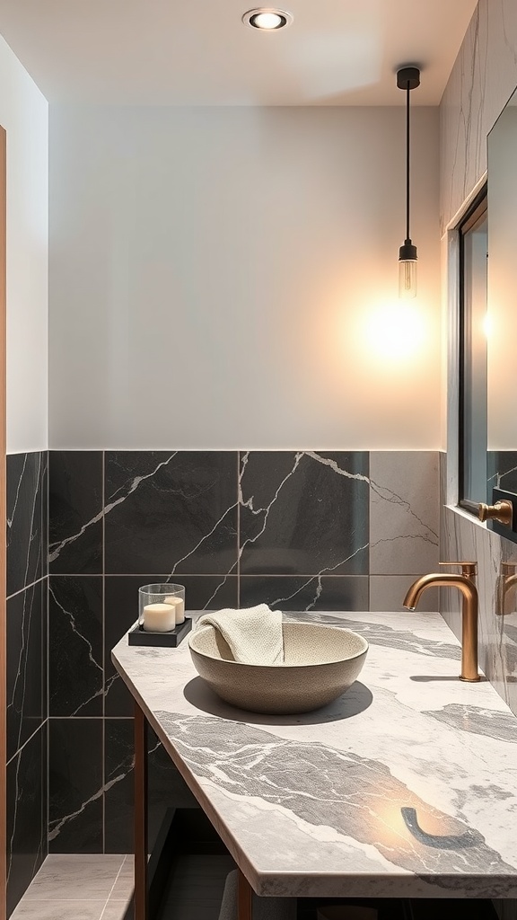 A modern bathroom featuring a marble sink on a sleek countertop with dark tiled walls.