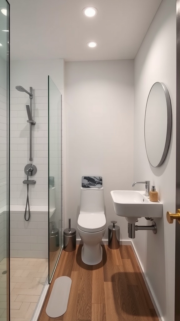 Masculine industrial bathroom featuring a glass shower, modern toilet, and wooden floor.