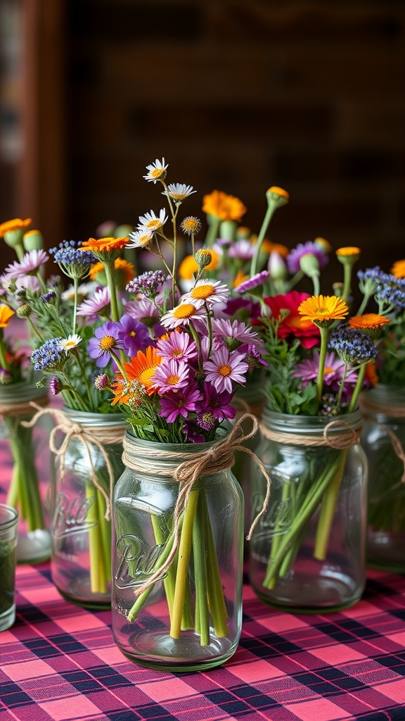 A collection of mason jars filled with colorful flowers, arranged on a checkered tablecloth.