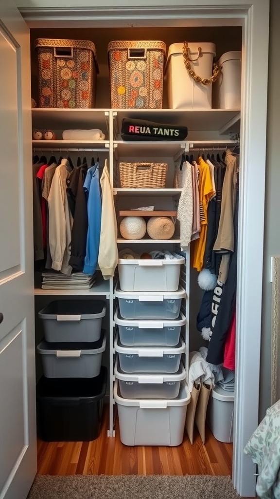 A well-organized closet featuring clothing on hangers, various storage bins, and neatly stacked containers.