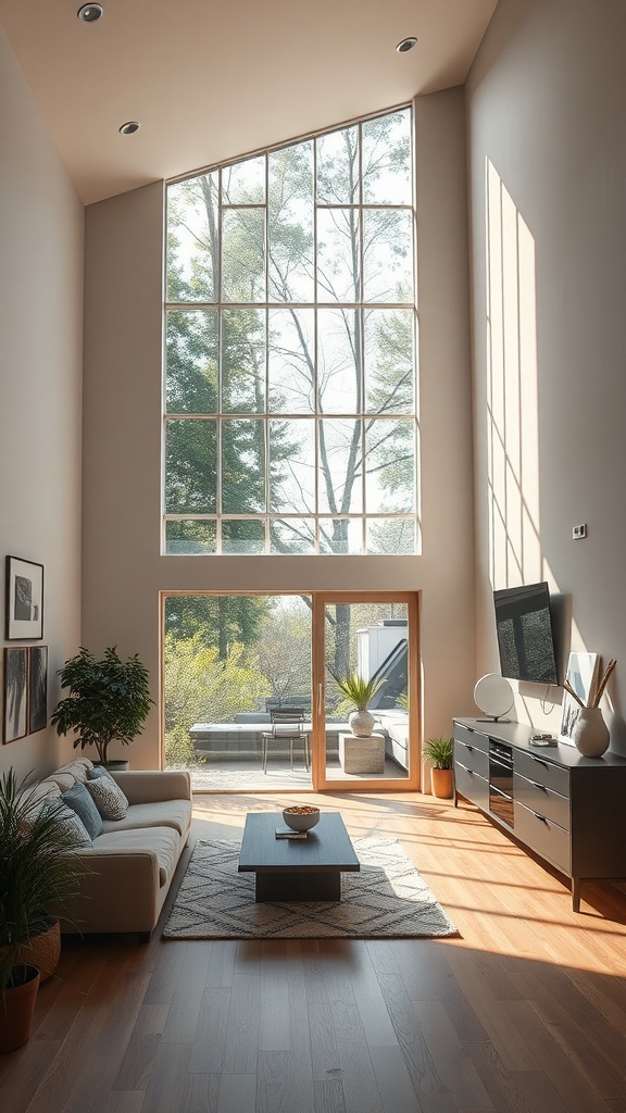 Bright living room with large windows and modern decor