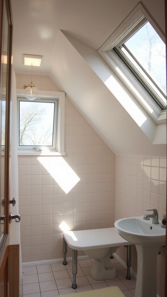 A small bathroom with slanted ceiling featuring a skylight and large window, allowing natural light to fill the space.