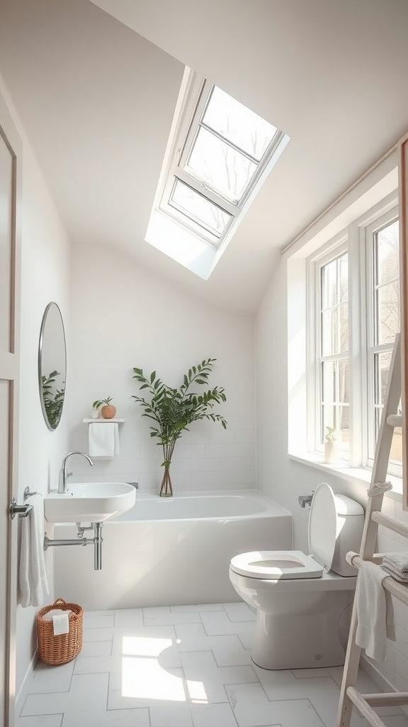 Small bathroom with slanted ceiling featuring a skylight and large window, decorated with a plant.