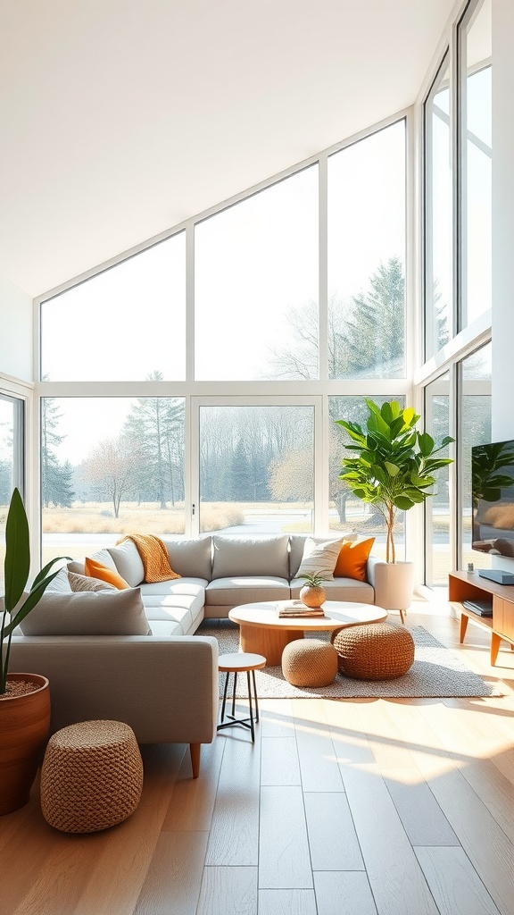 A bright and modern living room with large windows, showcasing a cozy sofa, decorative pillows, and indoor plants