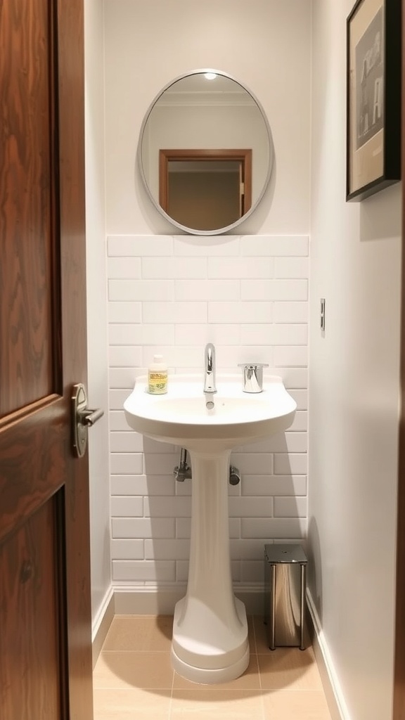 Small downstairs toilet featuring a corner pedestal sink and round mirror.