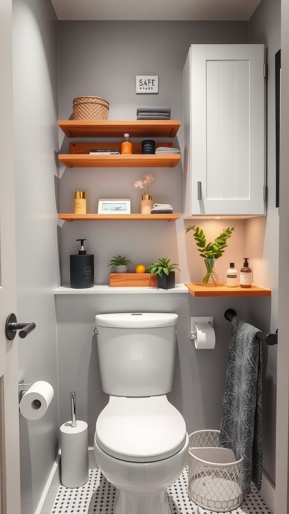 A small toilet room featuring shelves and storage solutions to maximize space.