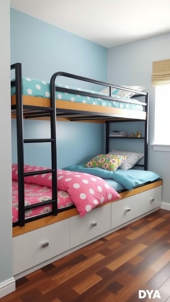 Bunk bed setup in a small shared bedroom with colorful bedding and storage drawers.