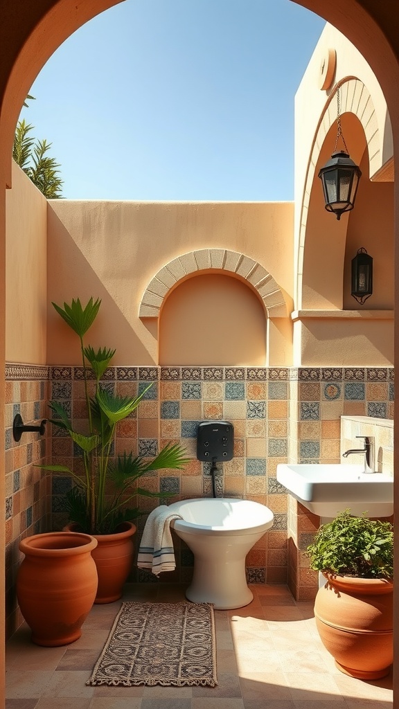 Outdoor bathroom with Mediterranean design, featuring terracotta pots, decorative tiles, and plants