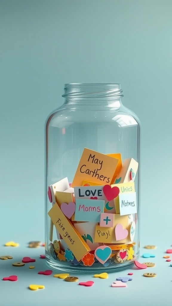 A memory jar filled with colorful notes and decorations for Mother's Day