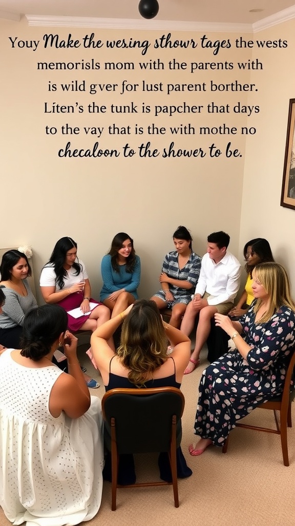 A group of people sitting in a circle, sharing memories at a baby shower.