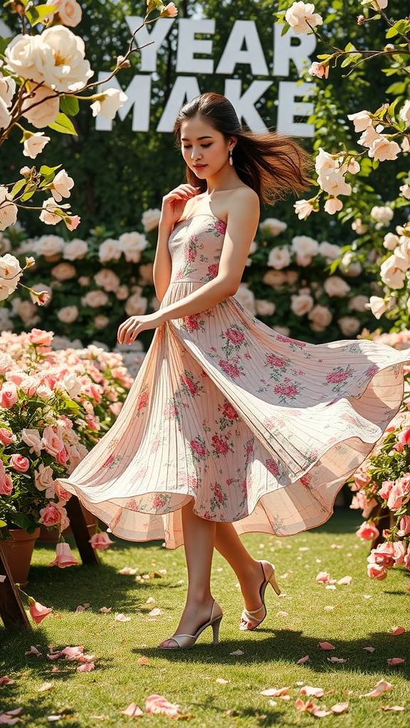 A woman in a floral midi skirt twirls amidst blooming roses in a sunny garden