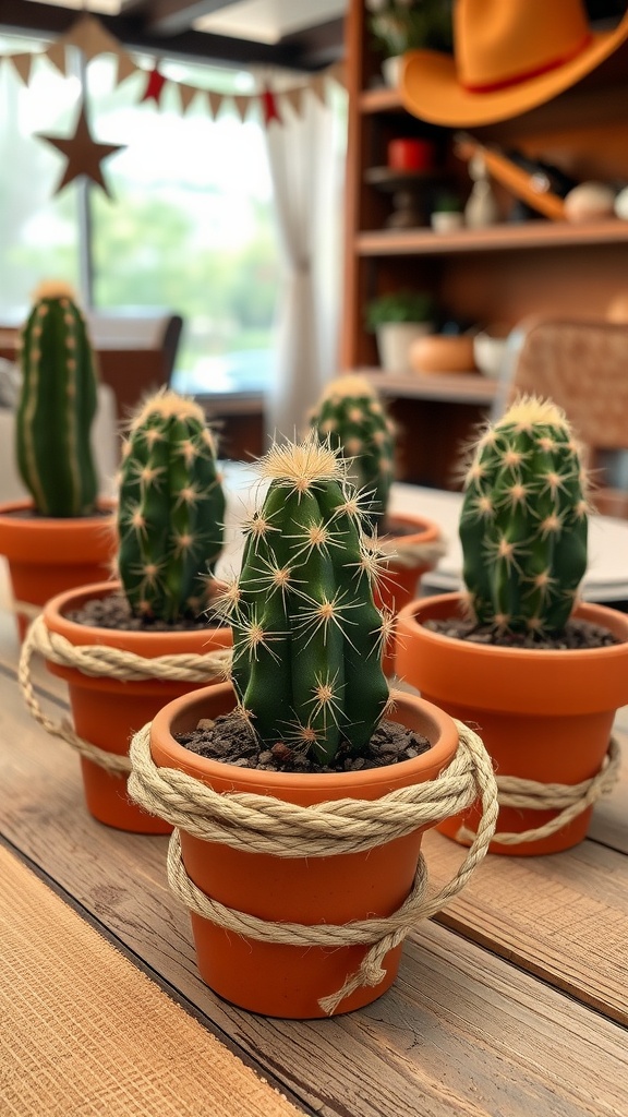 Mini cactus planters in terracotta pots with twine on a wooden table