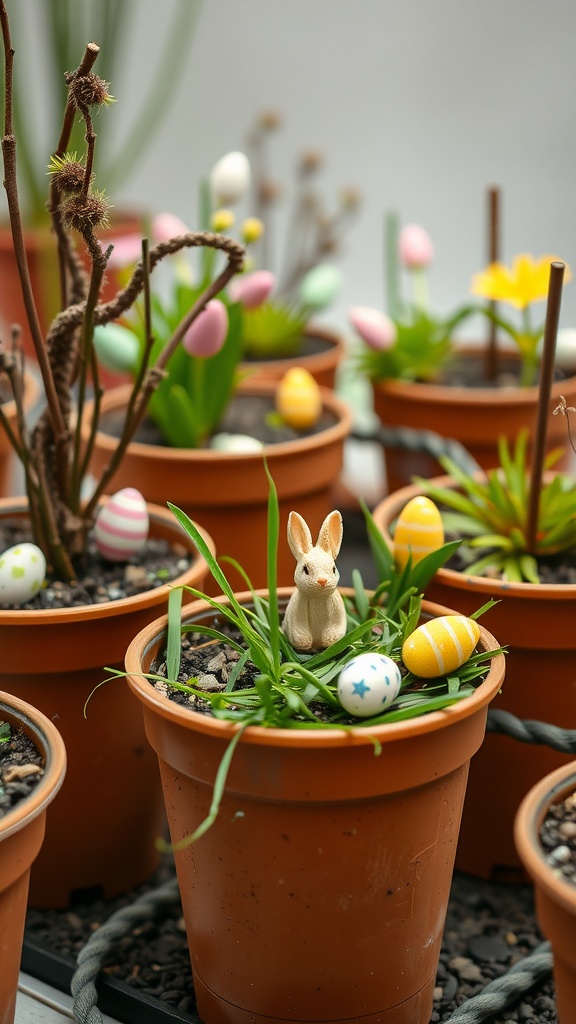 Colorful mini Easter gardens in pots with small bunny figures and decorated eggs