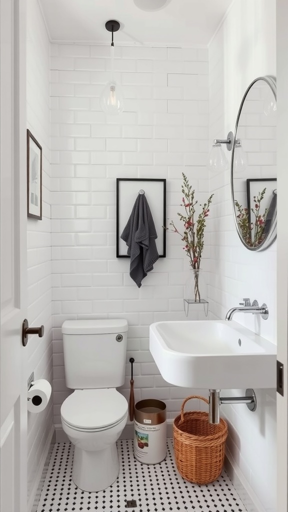 A minimalist small bathroom featuring white subway tiles, a round mirror, and natural accessories.