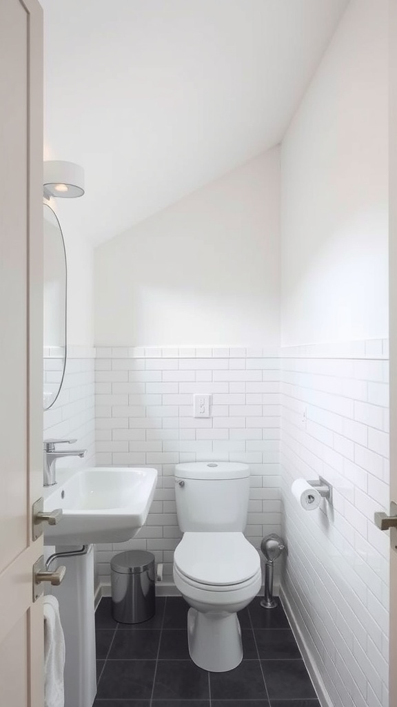 Small minimalist bathroom with slanted ceiling, featuring white tiles, modern sink, and toilet.