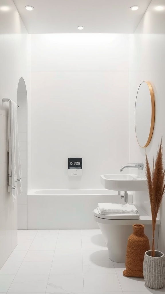 A minimalist small bathroom featuring white walls, a modern sink, and decorative elements.