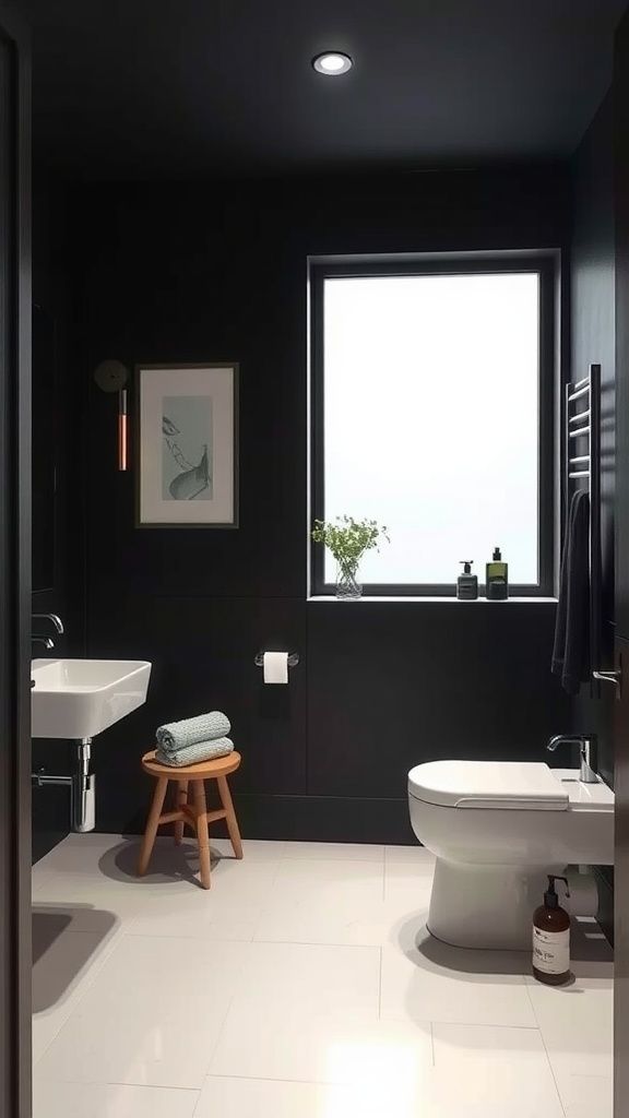 A minimalist dark bathroom featuring a white sink, wooden stool, and a large window.