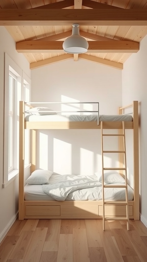 A minimalist loft bed in a small room with natural light and wooden features.