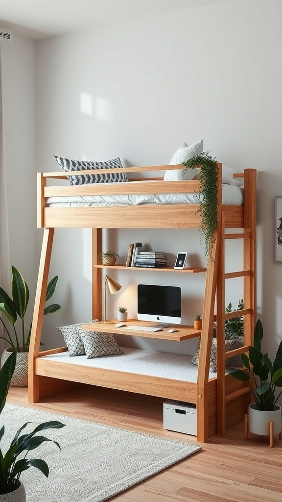 A minimalist loft bed with an integrated workspace featuring a desk, computer, and plants.