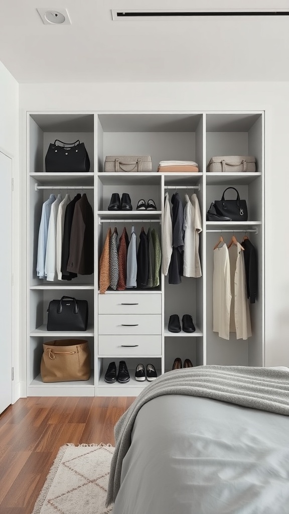 Minimalist open shelving wardrobe with organized clothing and bags