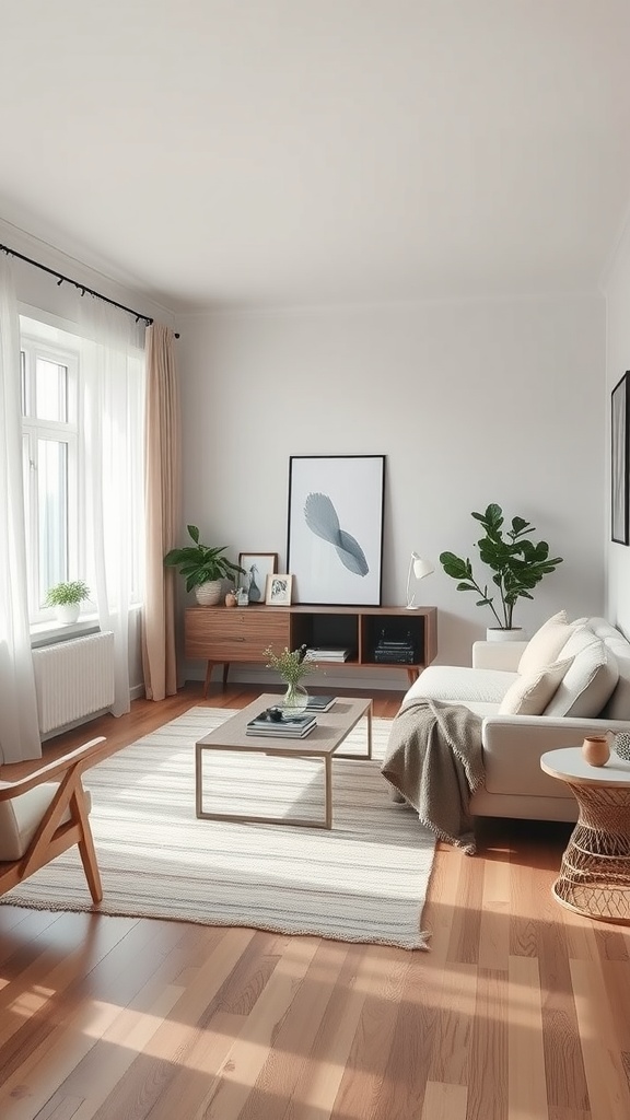 A minimalist Scandinavian living room in a mobile home featuring a light color palette, simple furniture, and natural elements.