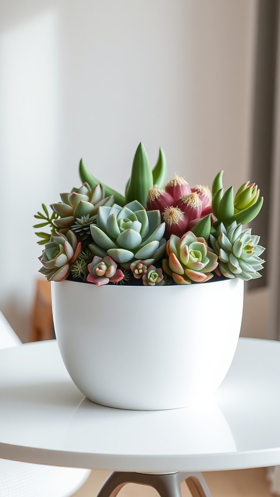 A minimalist succulent arrangement in a white pot on a table.