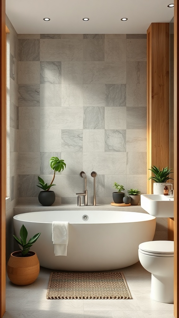 A minimalist bathroom featuring a freestanding bathtub, gray tiled walls, and indoor plants.