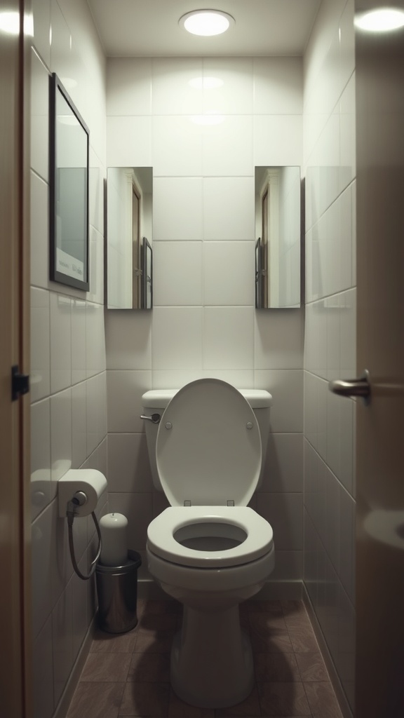 Small downstairs toilet with white tiles and mirrored accents