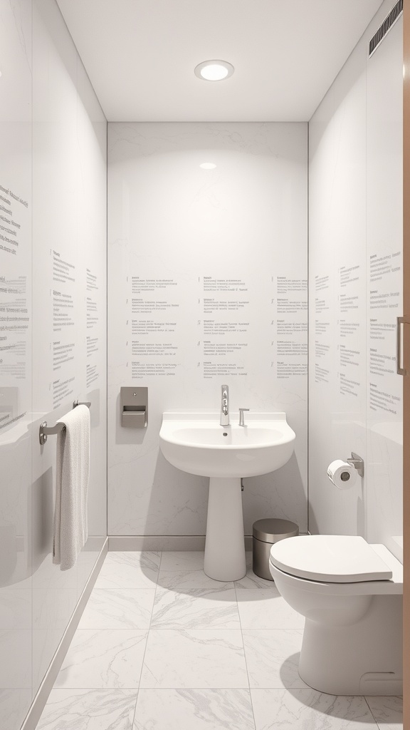 A small bathroom with a mirrored wall, minimalist fixtures, and light marble flooring.