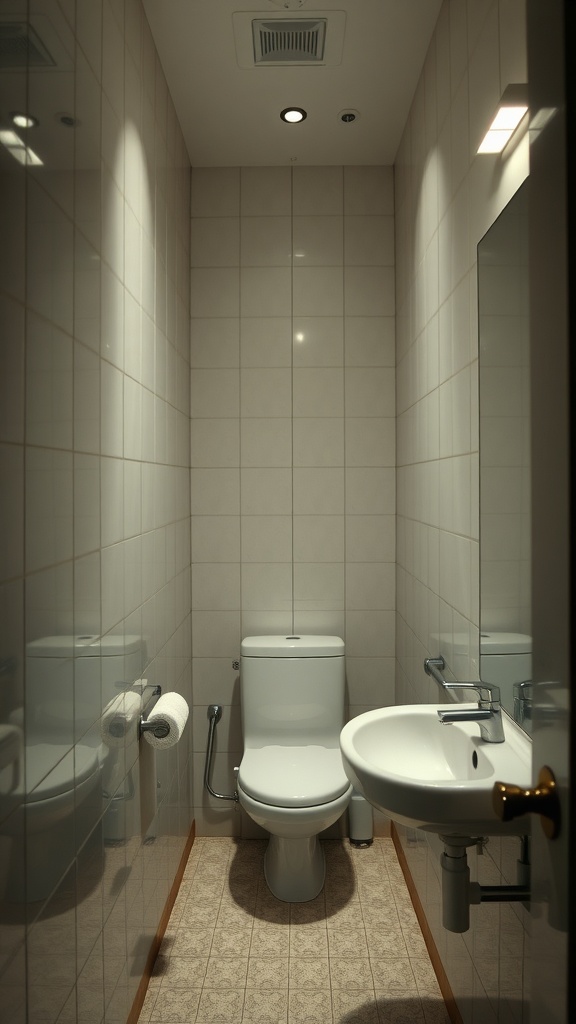 Small bathroom with mirrored walls and simple fixtures